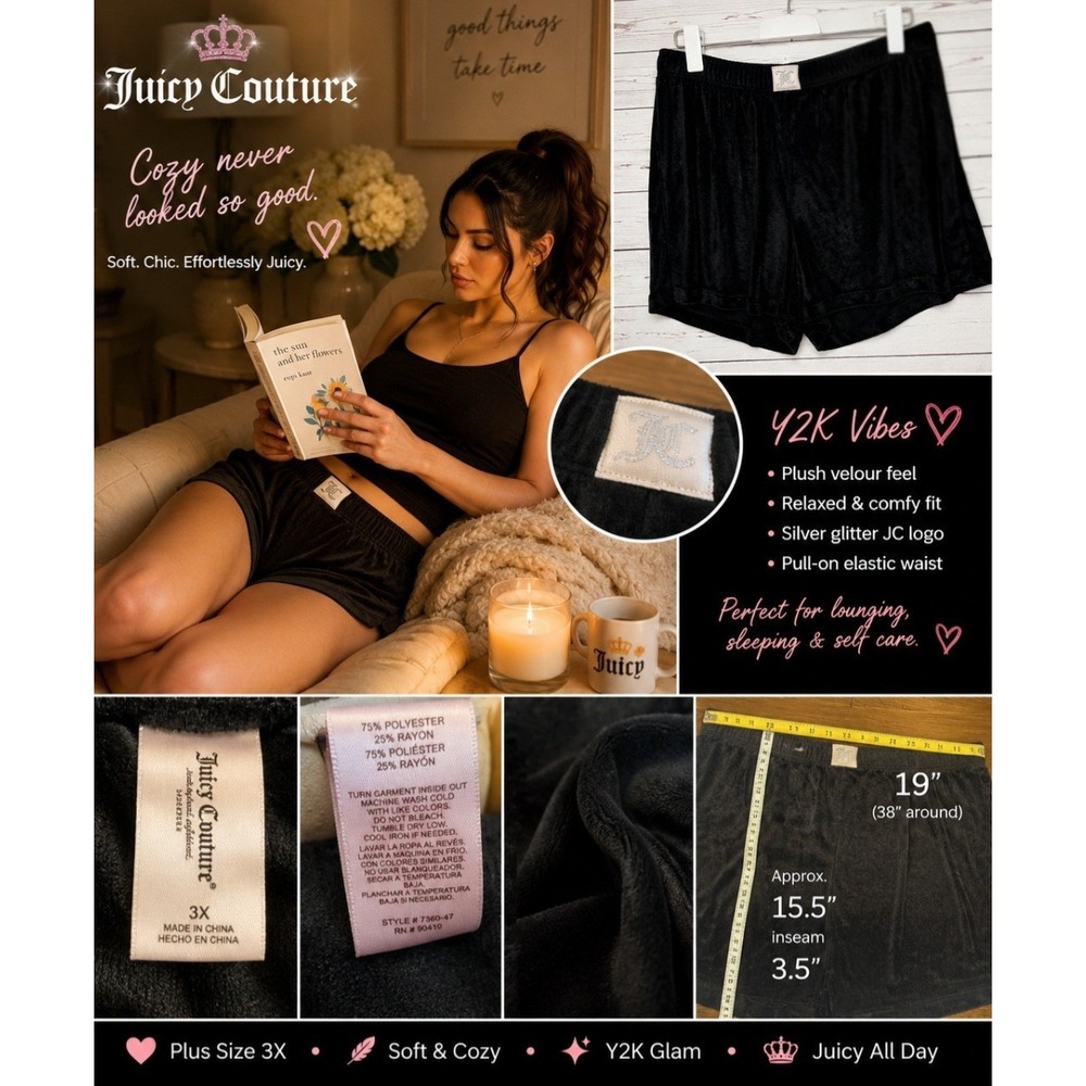 Juicy Couture Black Velour Sleep Shorts Womens 3X Plus Size Y2K Loungewear NWOT